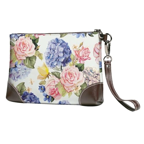 EgoMed Hortensie Rose Blume Frühling Blumen,Handgelenktaschen PU-Leder Clutch Damen Reißverschluss Geldbörse Brieftasche Handtasche mit Handschlaufe von EgoMed