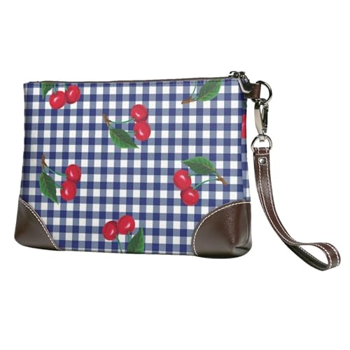 EgoMed Kirschen im blauen Karomuster drucken,Handgelenktaschen PU-Leder Clutch Damen Reißverschluss Geldbörse Brieftasche Handtasche mit Handschlaufe von EgoMed
