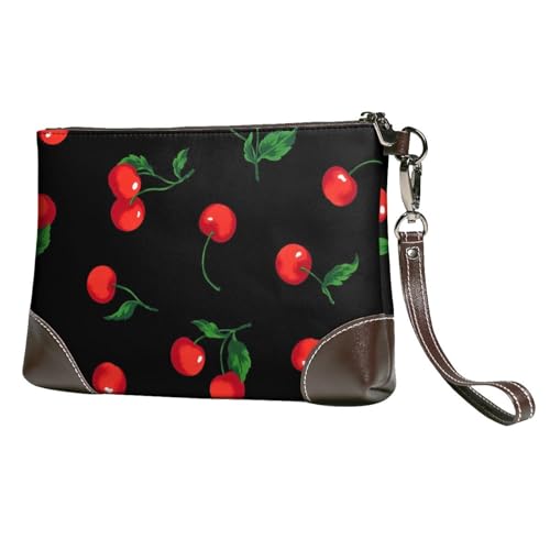 EgoMed Kirschfruchtmuster,Handgelenktaschen PU-Leder Clutch Damen Reißverschluss Geldbörse Brieftasche Handtasche mit Handschlaufe von EgoMed