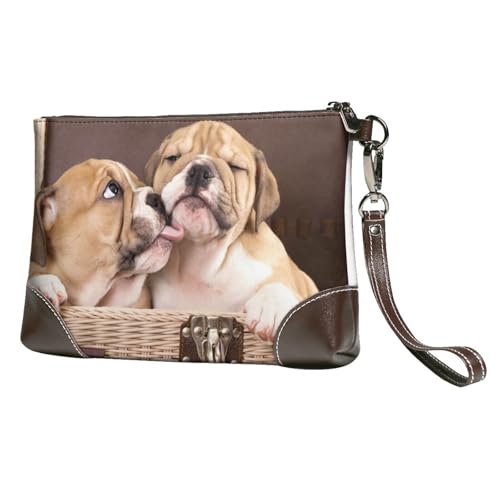 EgoMed Kiss Englische Bulldoggenwelpen,Handgelenktaschen PU-Leder Clutch Damen Reißverschluss Geldbörse Brieftasche Handtasche mit Handschlaufe von EgoMed