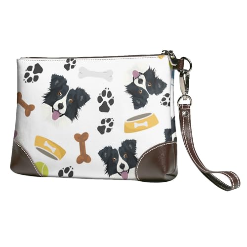 EgoMed Lächelnder Hund Border Collie,Handgelenktaschen PU-Leder Clutch Damen Reißverschluss Geldbörse Brieftasche Handtasche mit Handschlaufe von EgoMed