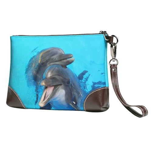 EgoMed Lächelndes Gesicht Delfine gedruckt,Handgelenktaschen PU-Leder Clutch Damen Reißverschluss Geldbörse Brieftasche Handtasche mit Handschlaufe von EgoMed