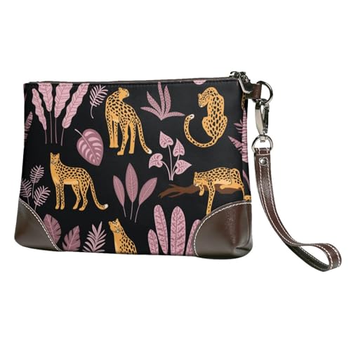 EgoMed Leoparden-Tropenmuster,Handgelenktaschen PU-Leder Clutch Damen Reißverschluss Geldbörse Brieftasche Handtasche mit Handschlaufe von EgoMed