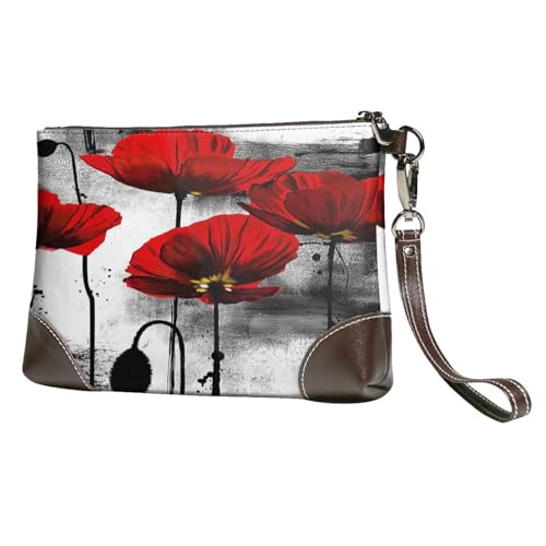 EgoMed Linie der Mohnblumen Wandkunst Rot,Handgelenktaschen PU-Leder Clutch Damen Reißverschluss Geldbörse Brieftasche Handtasche mit Handschlaufe von EgoMed
