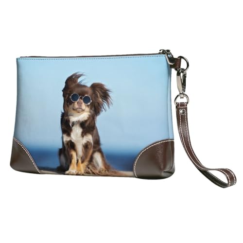 EgoMed Lustiger Chihuahua-Hund,Handgelenktaschen PU-Leder Clutch Damen Reißverschluss Geldbörse Brieftasche Handtasche mit Handschlaufe von EgoMed
