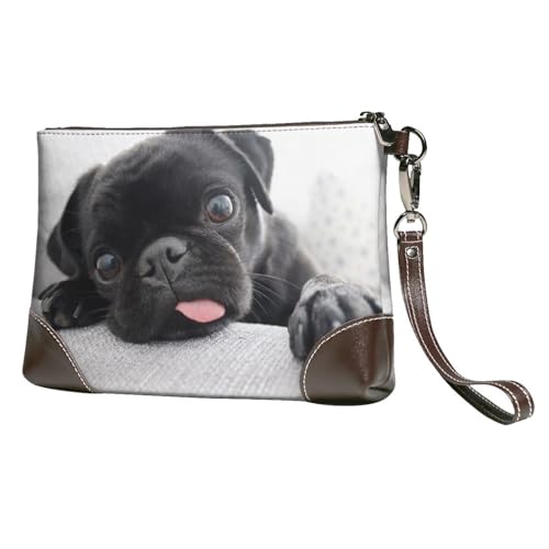EgoMed Lustiger Mops Schwarz,Handgelenktaschen PU-Leder Clutch Damen Reißverschluss Geldbörse Brieftasche Handtasche mit Handschlaufe von EgoMed