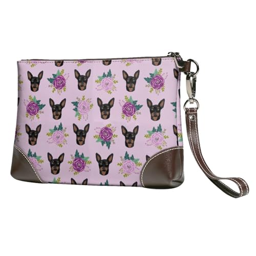 EgoMed Miniatur Pinscher Lavendel Blumen,Handgelenktaschen PU-Leder Clutch Damen Reißverschluss Geldbörse Brieftasche Handtasche mit Handschlaufe von EgoMed