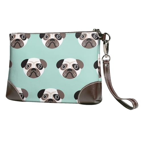 EgoMed Mops Blauer Welpe Illustration Kinder Muster,Handgelenktaschen PU-Leder Clutch Damen Reißverschluss Geldbörse Brieftasche Handtasche mit Handschlaufe von EgoMed