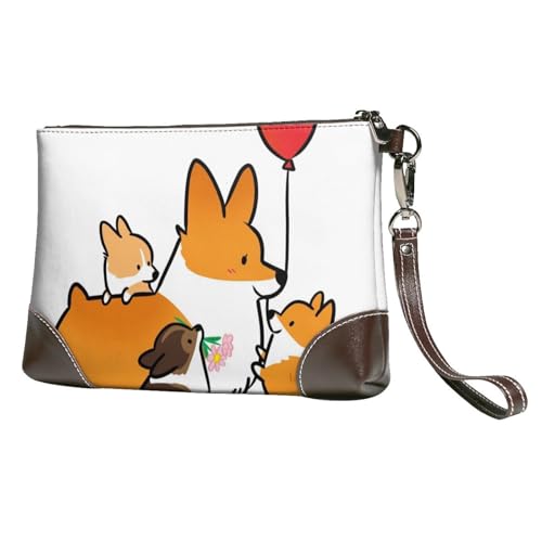 EgoMed Niedliche Cartoon-Corgi-Weihnachten,Handgelenktaschen PU-Leder Clutch Damen Reißverschluss Geldbörse Brieftasche Handtasche mit Handschlaufe von EgoMed