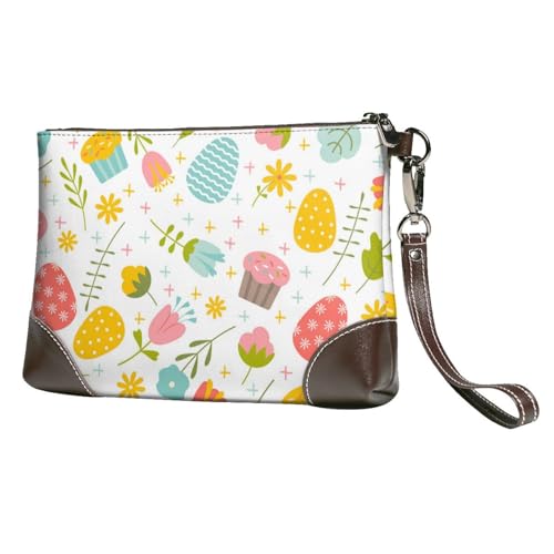 EgoMed Ostern Frühling mit Blumen und Eiern,Handgelenktaschen PU-Leder Clutch Damen Reißverschluss Geldbörse Brieftasche Handtasche mit Handschlaufe von EgoMed