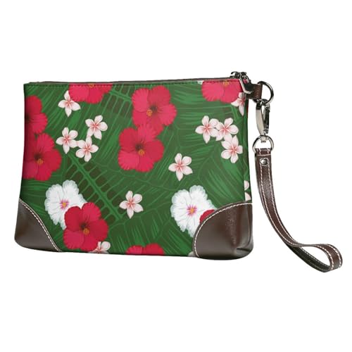 EgoMed Plumeria Hibiskus grüne Blätter Hintergrund,Handgelenktaschen PU-Leder Clutch Damen Reißverschluss Geldbörse Brieftasche Handtasche mit Handschlaufe von EgoMed