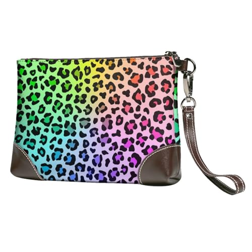 EgoMed Radiales Regenbogen-Mehrfarben-Leopardenmuster,Handgelenktaschen PU-Leder Clutch Damen Reißverschluss Geldbörse Brieftasche Handtasche mit Handschlaufe von EgoMed