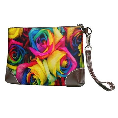 EgoMed Regenbogenblütenrosen,Handgelenktaschen PU-Leder Clutch Damen Reißverschluss Geldbörse Brieftasche Handtasche mit Handschlaufe von EgoMed