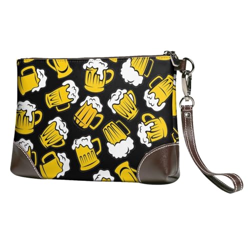 EgoMed Retro-Cartoon-Bier,Handgelenktaschen PU-Leder Clutch Damen Reißverschluss Geldbörse Brieftasche Handtasche mit Handschlaufe von EgoMed