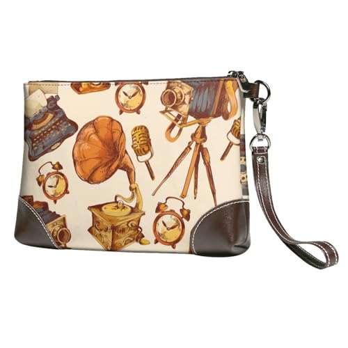 EgoMed Retro-Skizze Uhr Kamera Mikrofon,Handgelenktaschen PU-Leder Clutch Damen Reißverschluss Geldbörse Brieftasche Handtasche mit Handschlaufe von EgoMed