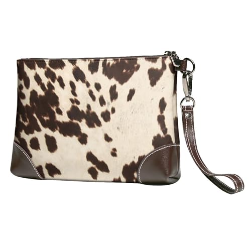 EgoMed Rindsleder mit schwarzen und braunen Flecken,Handgelenktaschen PU-Leder Clutch Damen Reißverschluss Geldbörse Brieftasche Handtasche mit Handschlaufe von EgoMed