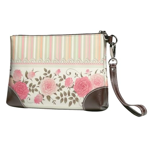 EgoMed Rosa Blumen Tupfen Neutral Gestreift Combo Vintage Shabby Chic Blume Spitze Muster,Handgelenktaschen PU-Leder Clutch Damen Reißverschluss Geldbörse Brieftasche Handtasche mit Handschlaufe von EgoMed