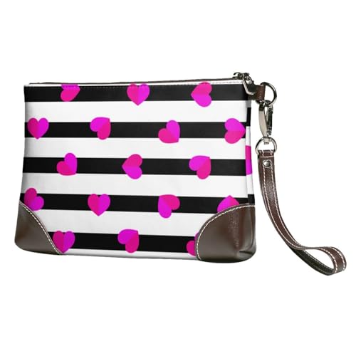 EgoMed Rosa Herz auf schwarzer Linie,Handgelenktaschen PU-Leder Clutch Damen Reißverschluss Geldbörse Brieftasche Handtasche mit Handschlaufe von EgoMed