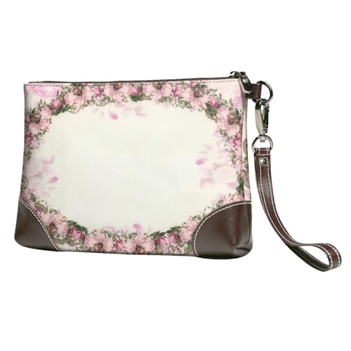 EgoMed Rosa Rosen Oval Rahmen Vintage,Handgelenktaschen PU-Leder Clutch Damen Reißverschluss Geldbörse Brieftasche Handtasche mit Handschlaufe von EgoMed