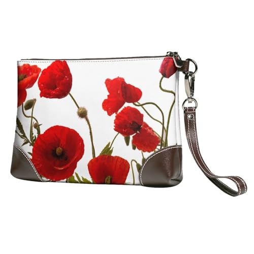 EgoMed Rote Mohnblumen,Handgelenktaschen PU-Leder Clutch Damen Reißverschluss Geldbörse Brieftasche Handtasche mit Handschlaufe von EgoMed