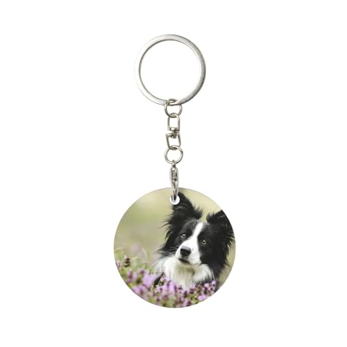 EgoMed Runder Metall-Schlüsselanhänger, Metall-Schlüsselanhänger, Autoschlüsselanhänger, Ringhalter, 1 Stück, Border Collie Rasen Schwarz Border Collie Haustiere von EgoMed