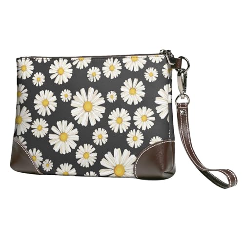EgoMed Schöne weiße Gänseblümchen,Handgelenktaschen PU-Leder Clutch Damen Reißverschluss Geldbörse Brieftasche Handtasche mit Handschlaufe von EgoMed