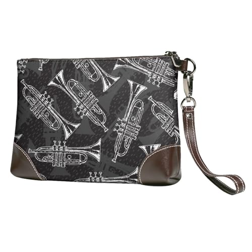 EgoMed Schwarz-Weiß-Skizze Trompeten,Handgelenktaschen PU-Leder Clutch Damen Reißverschluss Geldbörse Brieftasche Handtasche mit Handschlaufe von EgoMed