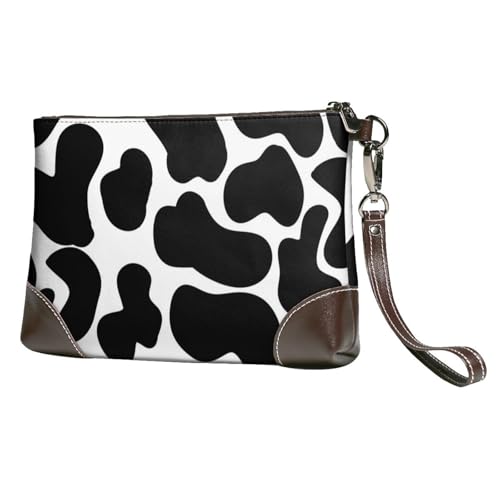 EgoMed Schwarze Kuhflecken Tierdruck,Handgelenktaschen PU-Leder Clutch Damen Reißverschluss Geldbörse Brieftasche Handtasche mit Handschlaufe von EgoMed