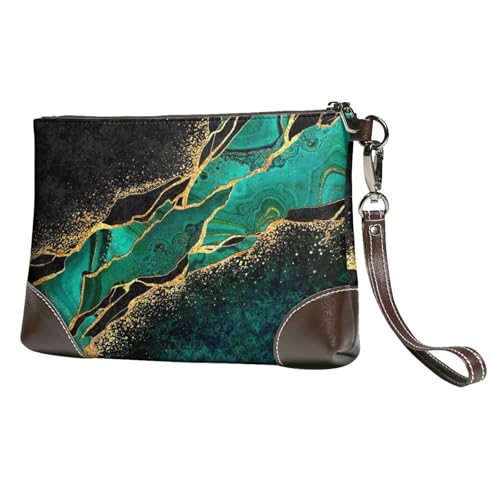 EgoMed Schwarzer blaugrüner Marmor, grüner Malachit mit goldenen Adern, goldenen Flecken,Handgelenktaschen PU-Leder Clutch Damen Reißverschluss Geldbörse Brieftasche Handtasche mit Handschlaufe von EgoMed