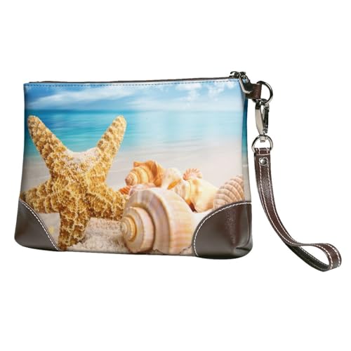 EgoMed Seesterne und Muscheln am Strand,Handgelenktaschen PU-Leder Clutch Damen Reißverschluss Geldbörse Brieftasche Handtasche mit Handschlaufe von EgoMed