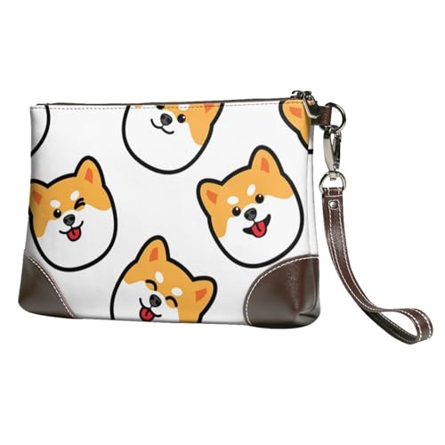 EgoMed Shiba Inu Gesicht,Handgelenktaschen PU-Leder Clutch Damen Reißverschluss Geldbörse Brieftasche Handtasche mit Handschlaufe von EgoMed