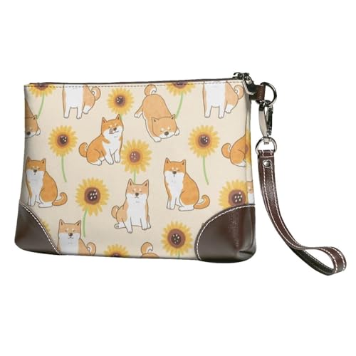 EgoMed Shiba Inu Sonnenblume,Handgelenktaschen PU-Leder Clutch Damen Reißverschluss Geldbörse Brieftasche Handtasche mit Handschlaufe von EgoMed