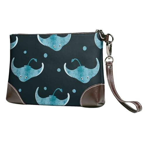 EgoMed Stachelrochen-Fischmuster,Handgelenktaschen PU-Leder Clutch Damen Reißverschluss Geldbörse Brieftasche Handtasche mit Handschlaufe von EgoMed
