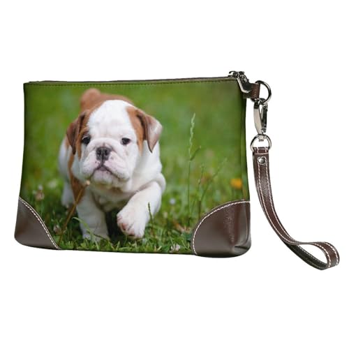 EgoMed Süßer Bulldoggenwelpe,Handgelenktaschen PU-Leder Clutch Damen Reißverschluss Geldbörse Brieftasche Handtasche mit Handschlaufe von EgoMed
