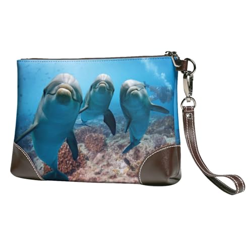 EgoMed Tier Lustiger Delfin Gedruckt,Handgelenktaschen PU-Leder Clutch Damen Reißverschluss Geldbörse Brieftasche Handtasche mit Handschlaufe von EgoMed