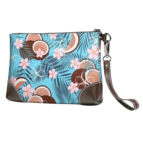 EgoMed Tropische Kokosnuss auf Blau,Handgelenktaschen PU-Leder Clutch Damen Reißverschluss Geldbörse Brieftasche Handtasche mit Handschlaufe von EgoMed