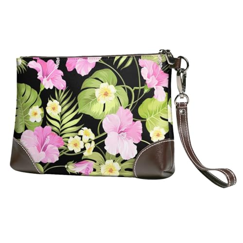 EgoMed Tropische rosa Blumen und Dschungelpalmen,Handgelenktaschen PU-Leder Clutch Damen Reißverschluss Geldbörse Brieftasche Handtasche mit Handschlaufe von EgoMed