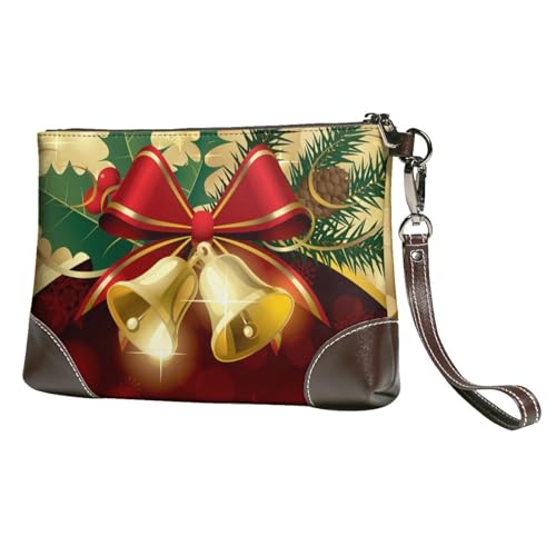 EgoMed Weihnachten, Rotes Band, Gold, Glocken,Handgelenktaschen PU-Leder Clutch Damen Reißverschluss Geldbörse Brieftasche Handtasche mit Handschlaufe von EgoMed