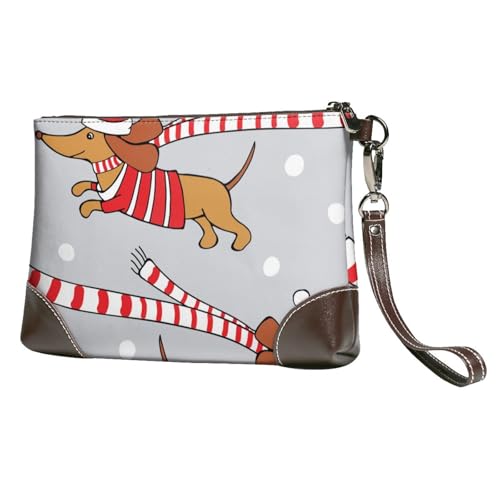 EgoMed Weihnachten Cartoon Hund Dackel,Handgelenktaschen PU-Leder Clutch Damen Reißverschluss Geldbörse Brieftasche Handtasche mit Handschlaufe von EgoMed