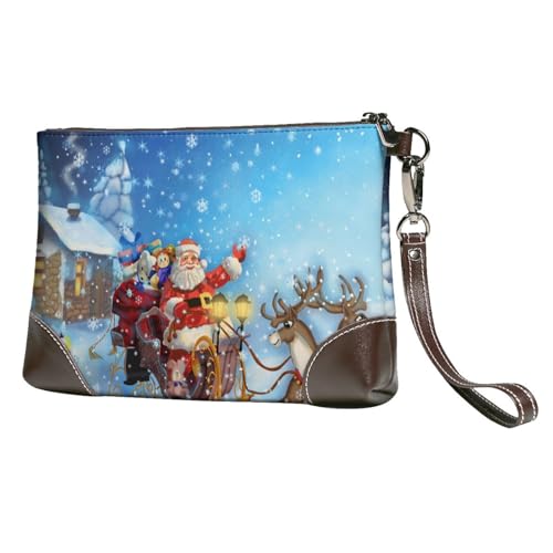 EgoMed Weihnachten Weihnachtsmann Rentier,Handgelenktaschen PU-Leder Clutch Damen Reißverschluss Geldbörse Brieftasche Handtasche mit Handschlaufe von EgoMed