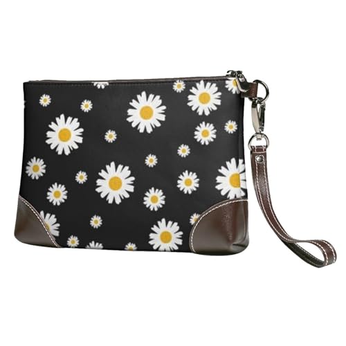 EgoMed Weiß Gelb Gänseblümchen Blume Schwarz,Handgelenktaschen PU-Leder Clutch Damen Reißverschluss Geldbörse Brieftasche Handtasche mit Handschlaufe von EgoMed