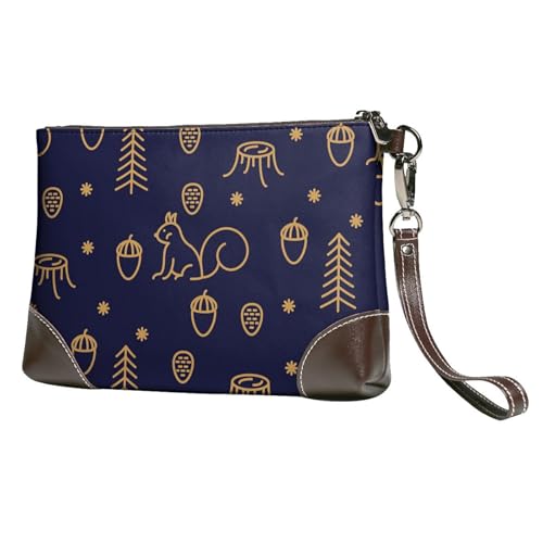 EgoMed Winterwald und Eichhörnchen Linienstil blau,Handgelenktaschen PU-Leder Clutch Damen Reißverschluss Geldbörse Brieftasche Handtasche mit Handschlaufe von EgoMed