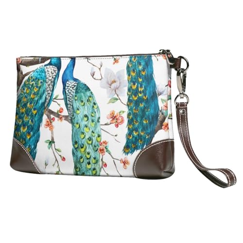 EgoMed Wunderschöner Pfauenblumen Druck,Handgelenktaschen PU-Leder Clutch Damen Reißverschluss Geldbörse Brieftasche Handtasche mit Handschlaufe von EgoMed