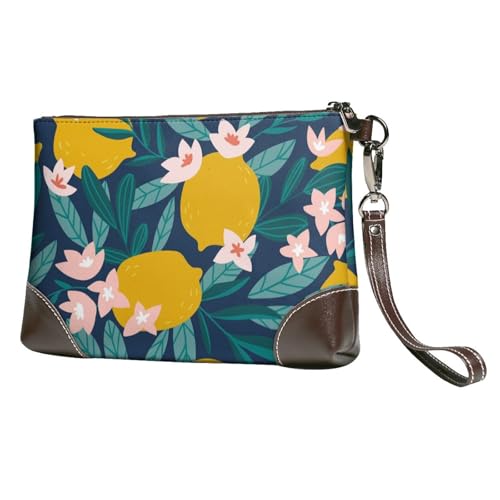 EgoMed Zitrone Tropische Blume Blumen,Handgelenktaschen PU-Leder Clutch Damen Reißverschluss Geldbörse Brieftasche Handtasche mit Handschlaufe von EgoMed
