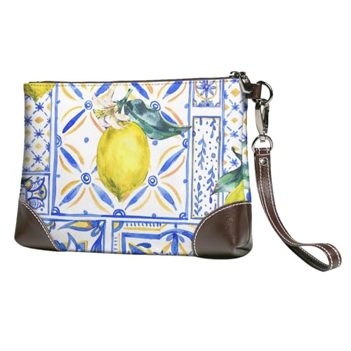 EgoMed Zitronenblaue Tintenkunst,Handgelenktaschen PU-Leder Clutch Damen Reißverschluss Geldbörse Brieftasche Handtasche mit Handschlaufe von EgoMed
