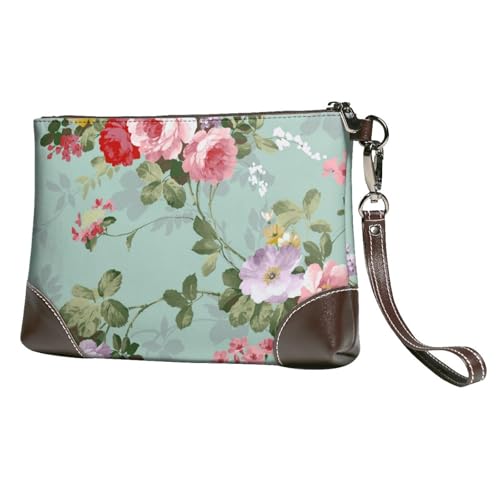 Vintages Elegantes rosa rotes Rosenmuster,Handgelenktaschen PU-Leder Clutch Damen Reißverschluss Geldbörse Brieftasche Handtasche mit Handschlaufe von EgoMed