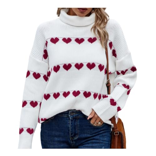 EgomEd Lässiger Damen Rollkragenpullover Trendiger Gerippter Strickpullover mit Herz Aufdruck Damen Herbst Winter Pullover,J,M von EgomEd
