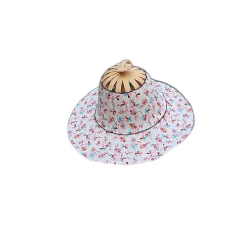 Egurs 2 in 1 Damen Sommer Faltbarer Bambus Sonnenhut Handfächer Strandhut mit Chinesischen Stil Blumenmuster Beige + kleine Blumen von Egurs