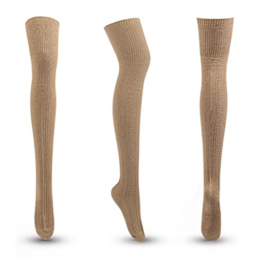 Egurs Japanischen Stil Overknee-Socken aus Baumwolle für Damen Lange Retro Gestreifte Knitting Kniestrümpfe Winter Thermosocken Khaki von Egurs