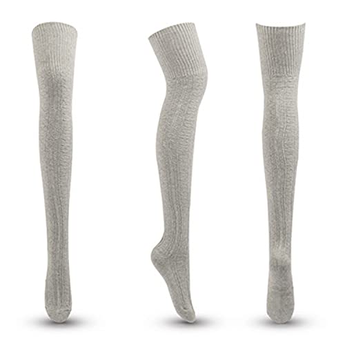 Egurs Japanischen Stil Overknee-Socken aus Baumwolle für Damen Lange Retro Gestreifte Knitting Kniestrümpfe Winter Thermosocken hellgrau von Egurs